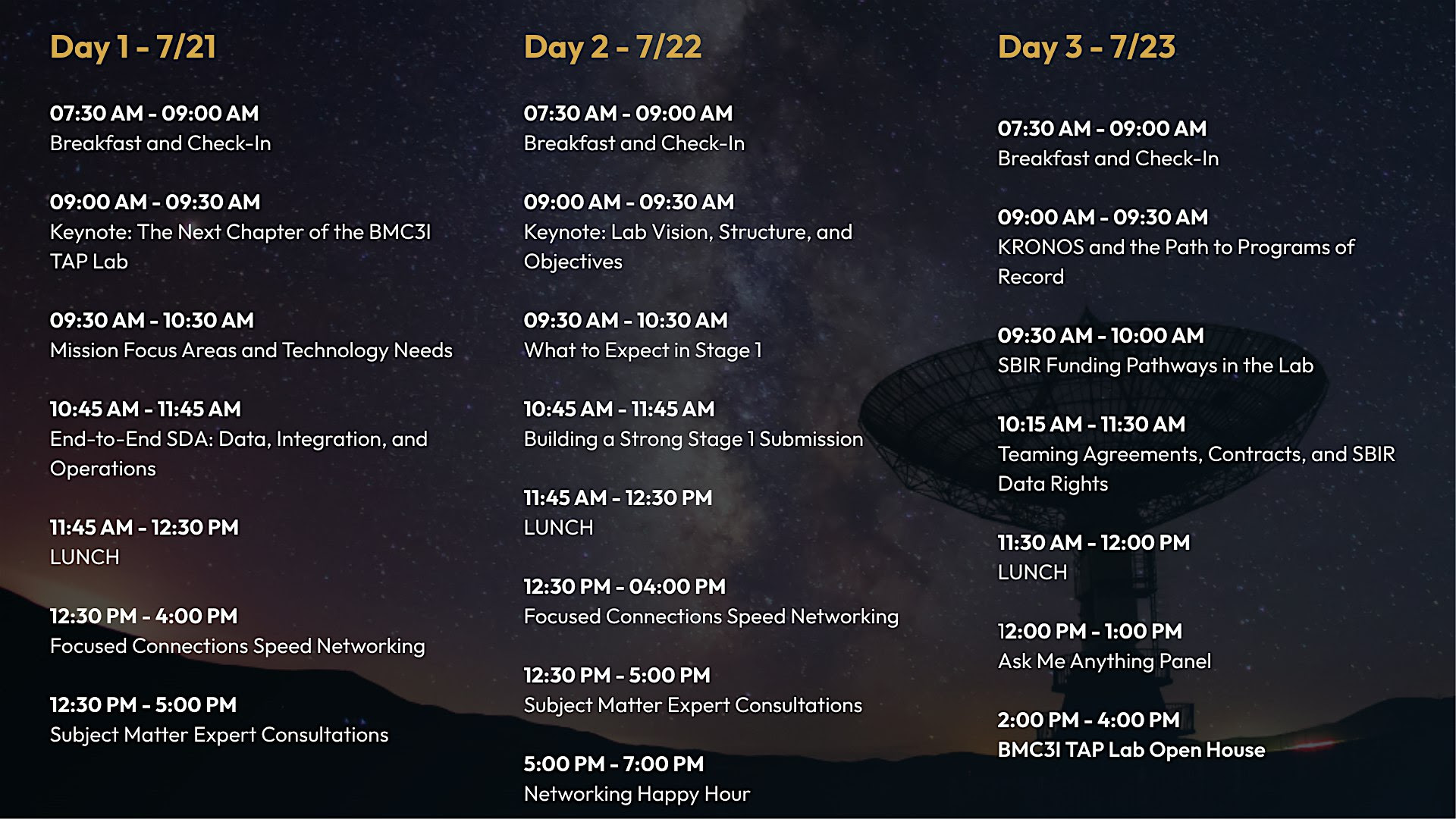 BMC3I TAP Lab Mission Catalyst Summit Event Schedule Graphic